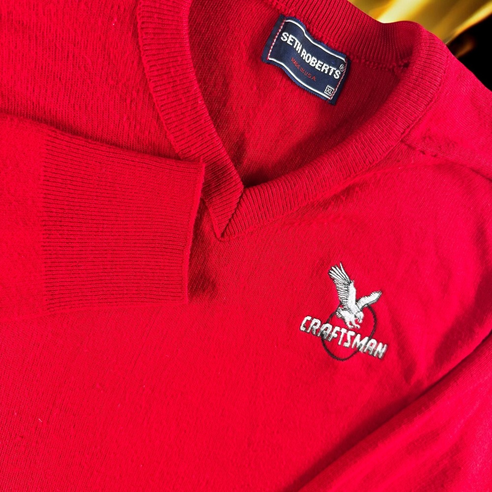 VTG Seth Roberts Sweater Men XL "Craftsman"‎ Eagle Made USA V Neck (Fits Large)